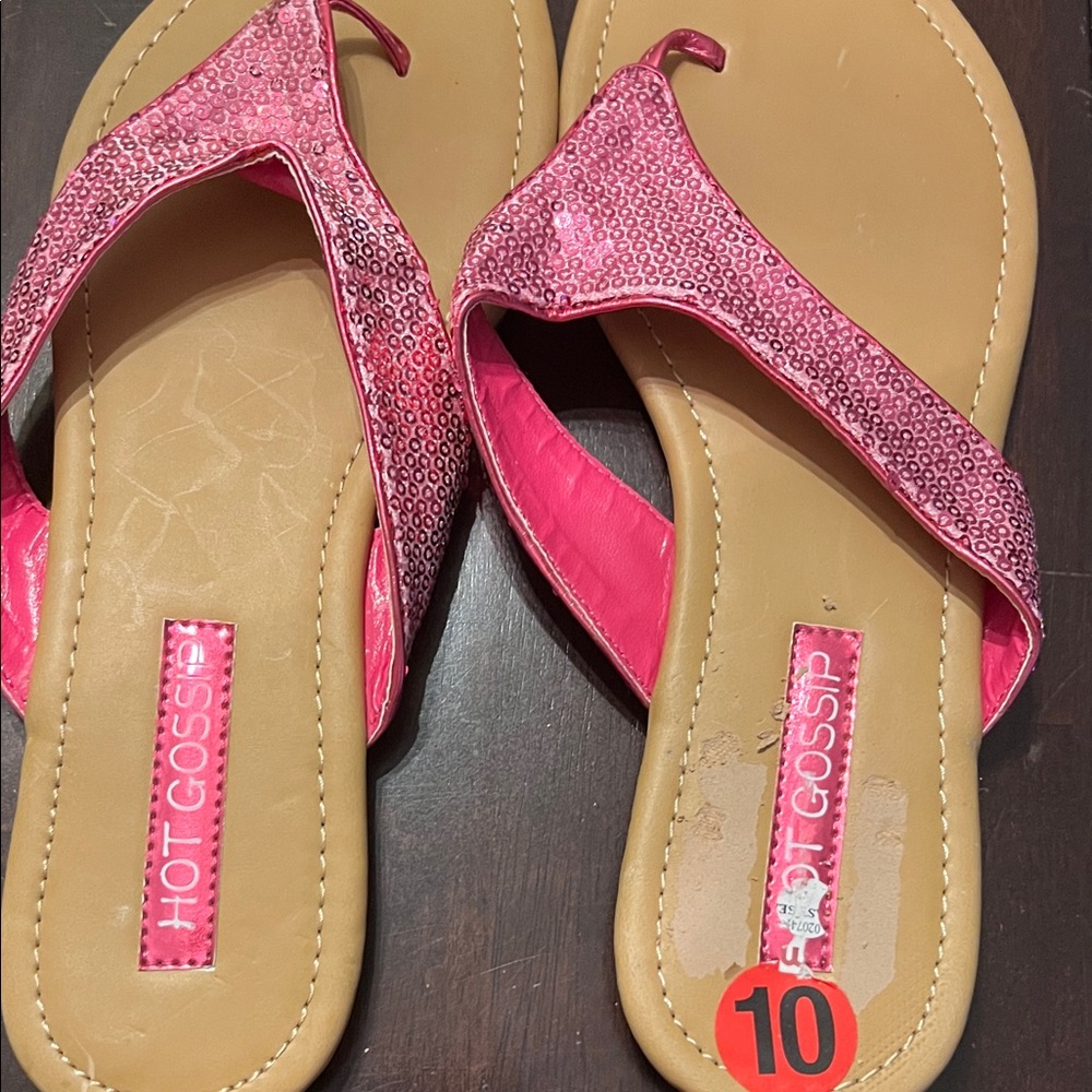 Pink and Tan Glittery Sandals with V-Shape Straps